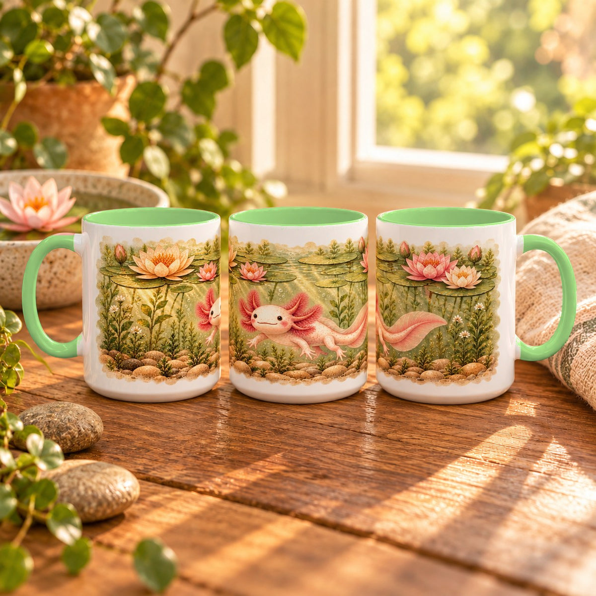 Axolotl mug, light green inside and handle, 11oz, three views of the full wrap