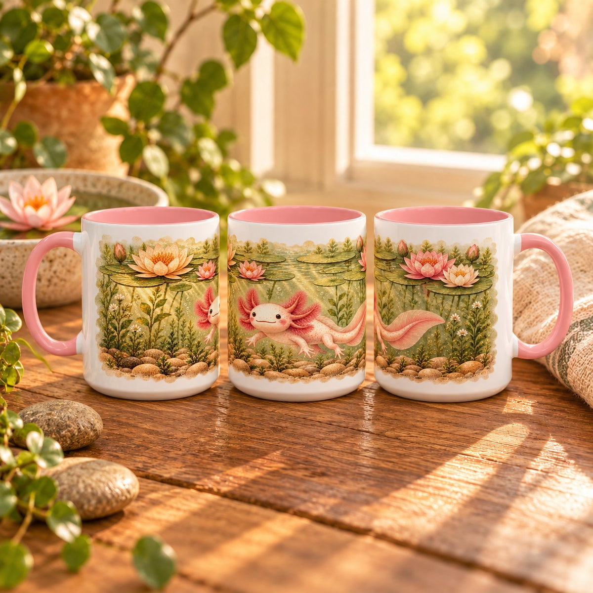 Axolotl mug, pink inside and handle, 11oz, three views of the full wrap