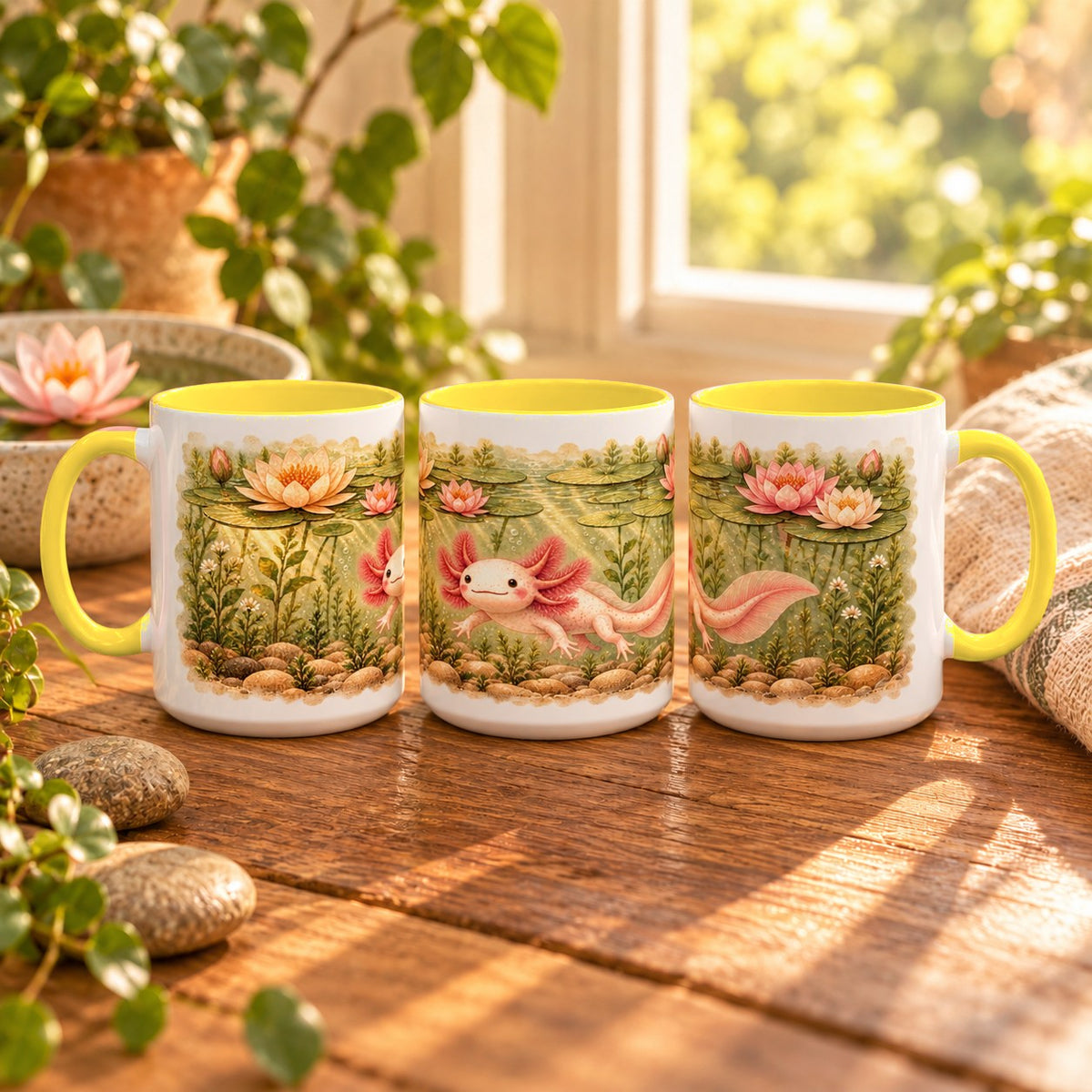 Axolotl mug, yellow inside and handle, 11oz, three views of the full wrap