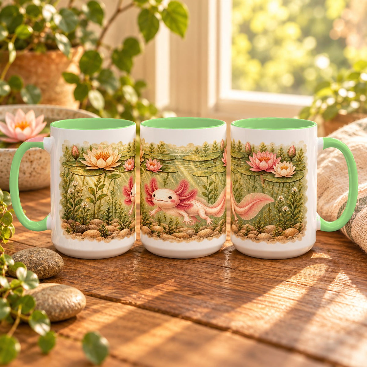 Axolotl mug, light green inside and handle, 15oz, three views of the full wrap
