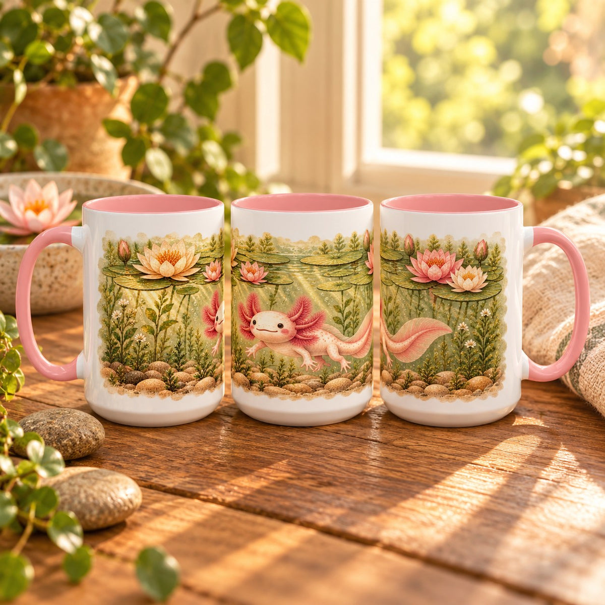 Axolotl mug, pink inside and handle, 15oz, three views of the full wrap