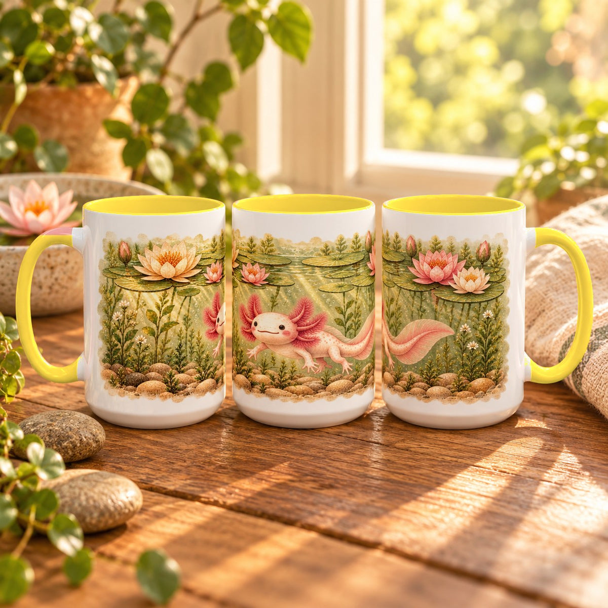 Axolotl mug, yellow inside and handle, 15oz, three views of the full wrap
