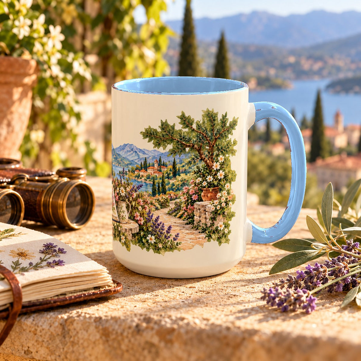 Scenic Views and Bird Watching mug, light blue inside and handle, 15oz, handle view