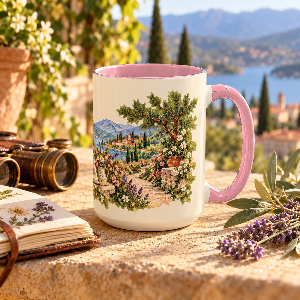 Scenic Views and Bird Watching mug, pink inside and handle, 15oz, handle view