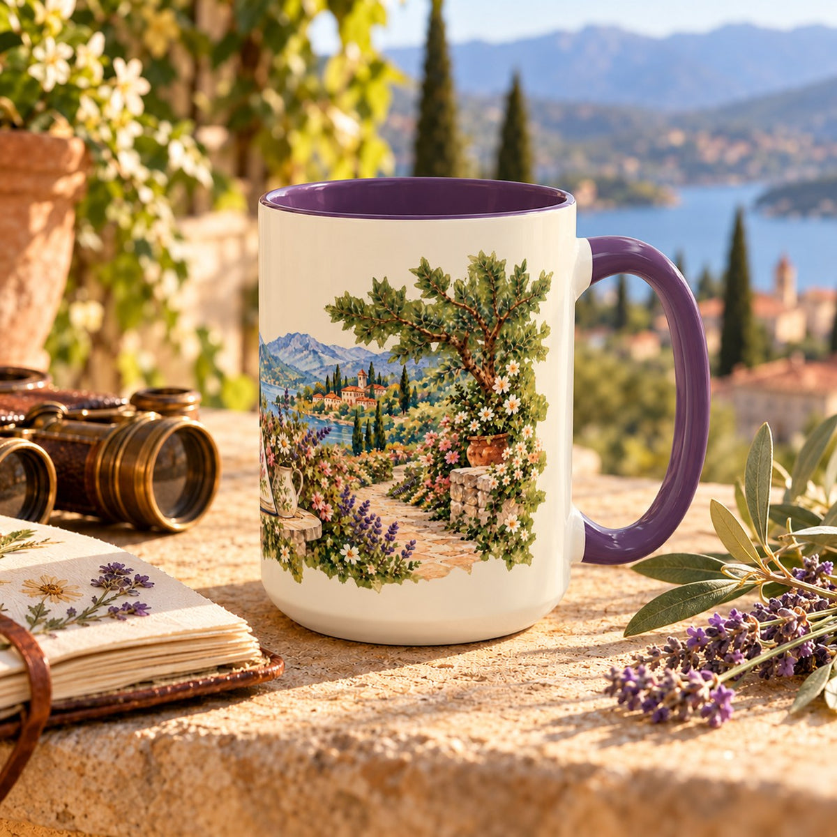 Scenic Views and Bird Watching mug, purple inside and handle, 15oz, handle view