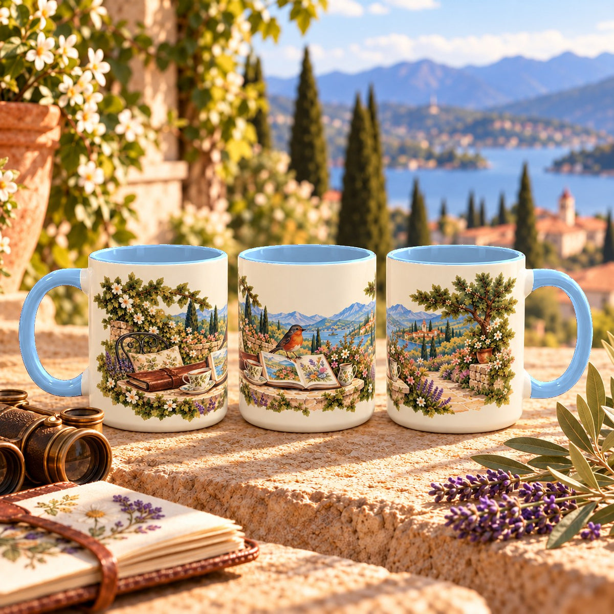Scenic Views and Bird Watching mug, light blue inside and handle, 11oz, three views of the full wrap