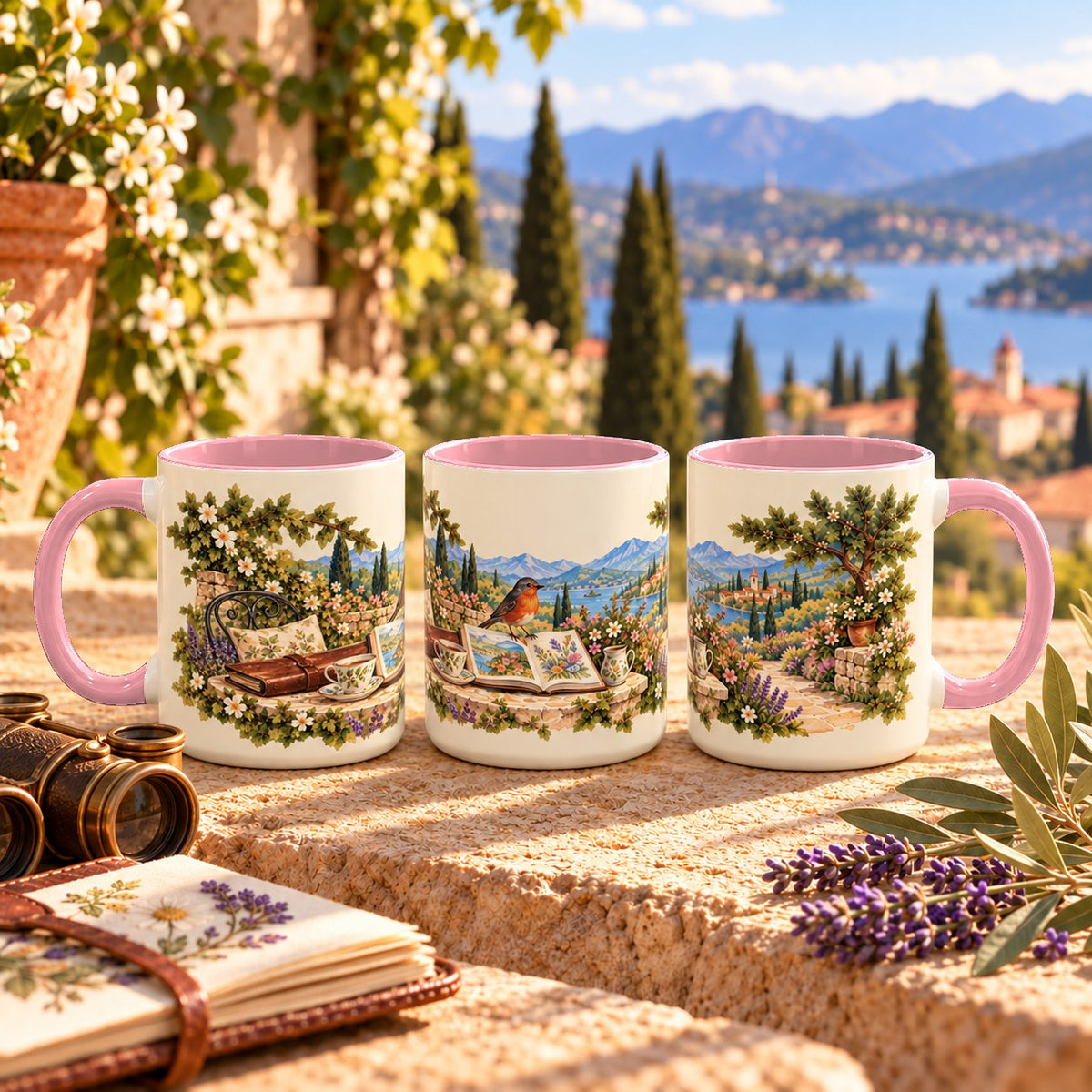 Scenic Views and Bird Watching mug, pink inside and handle, 11oz, three views of the full wrap