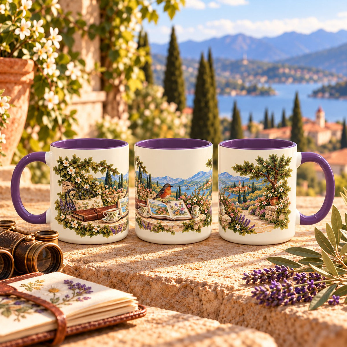 Scenic Views and Bird Watching mug, purple inside and handle, 11oz, three views of the full wrap