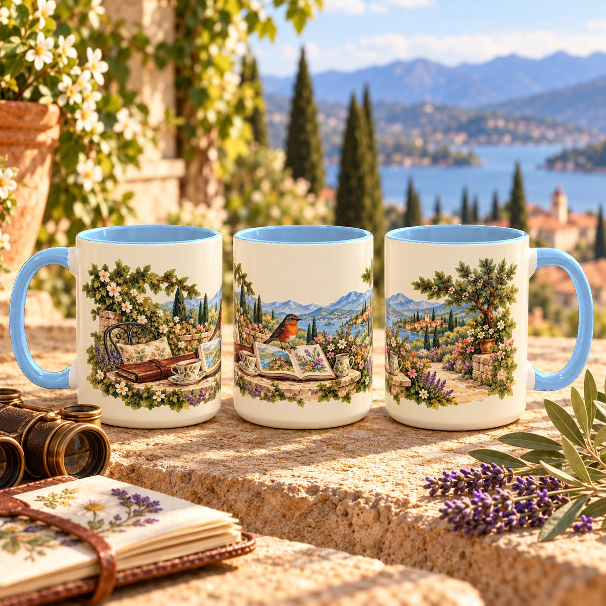 Scenic Views and Bird Watching mug, light blue inside and handle, 15oz, three views of the full wrap