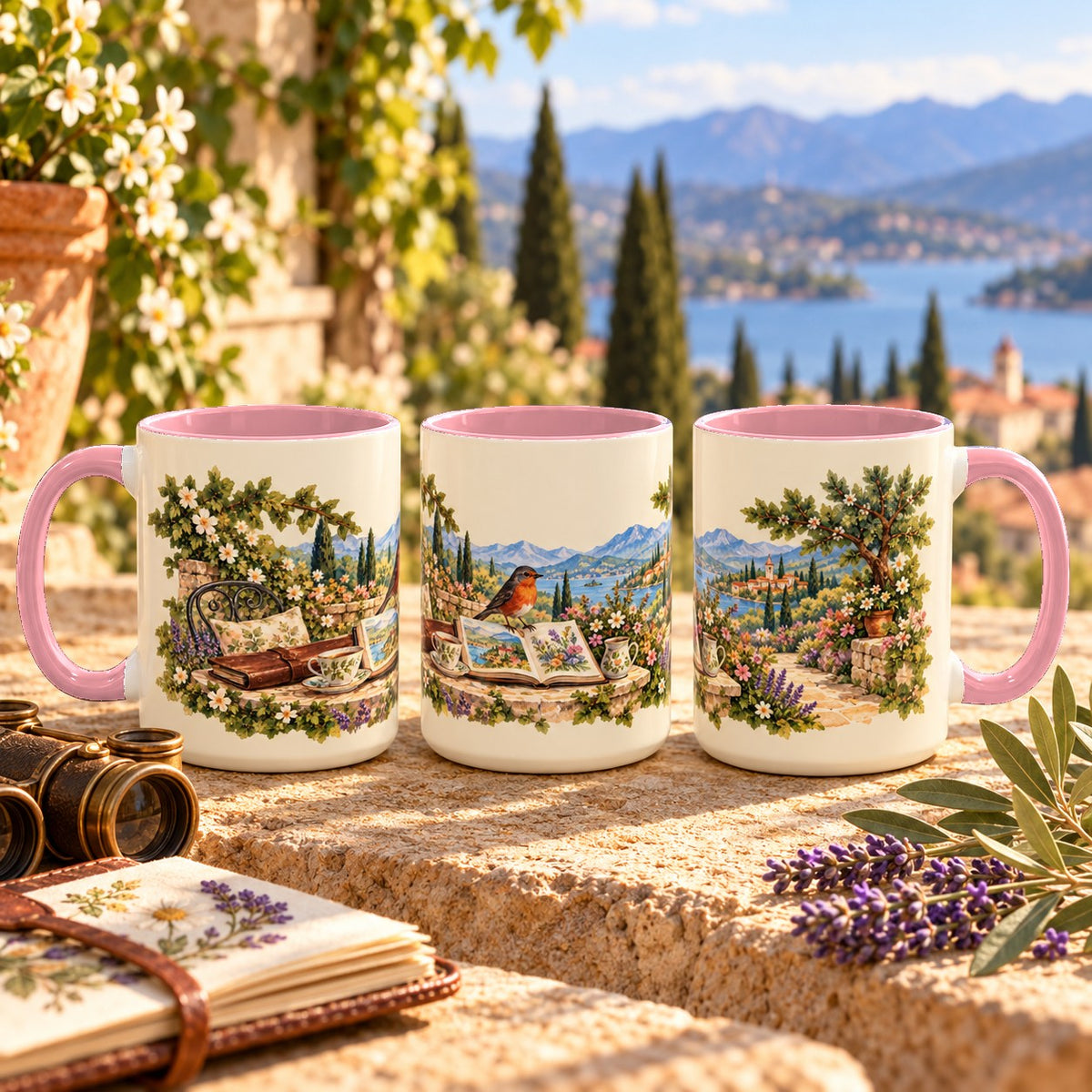 Scenic Views and Bird Watching mug, pink inside and handle, 15oz, three views of the full wrap