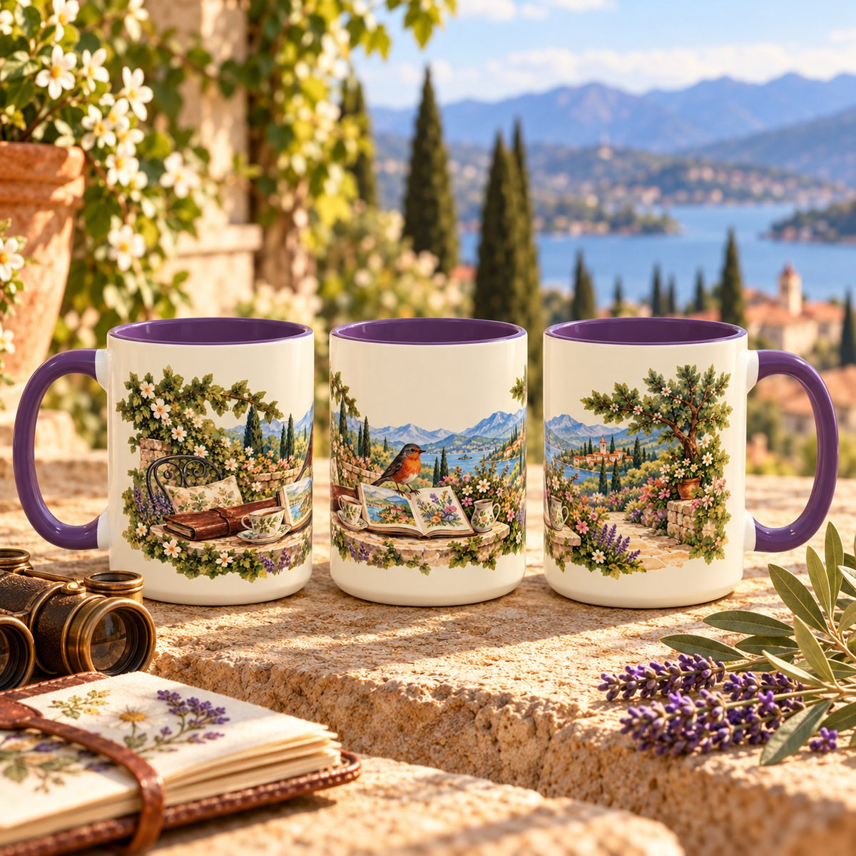 Scenic Views and Bird Watching mug, purple inside and handle, 15oz, three views of the full wrap