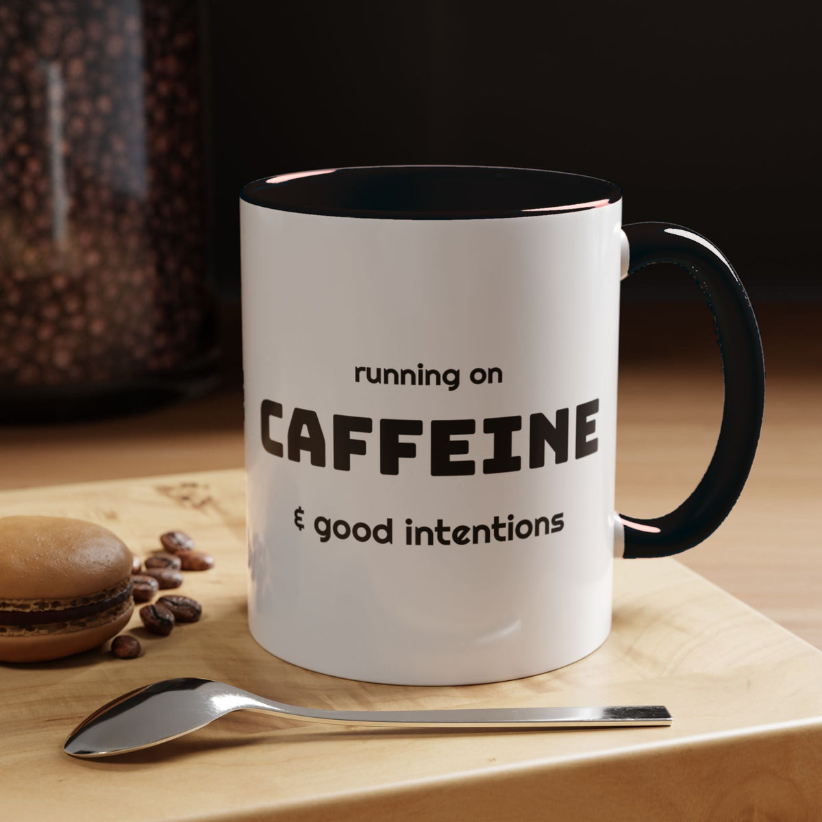 Caffeine and Good Intentions mug, black lettering, black handle, 11oz