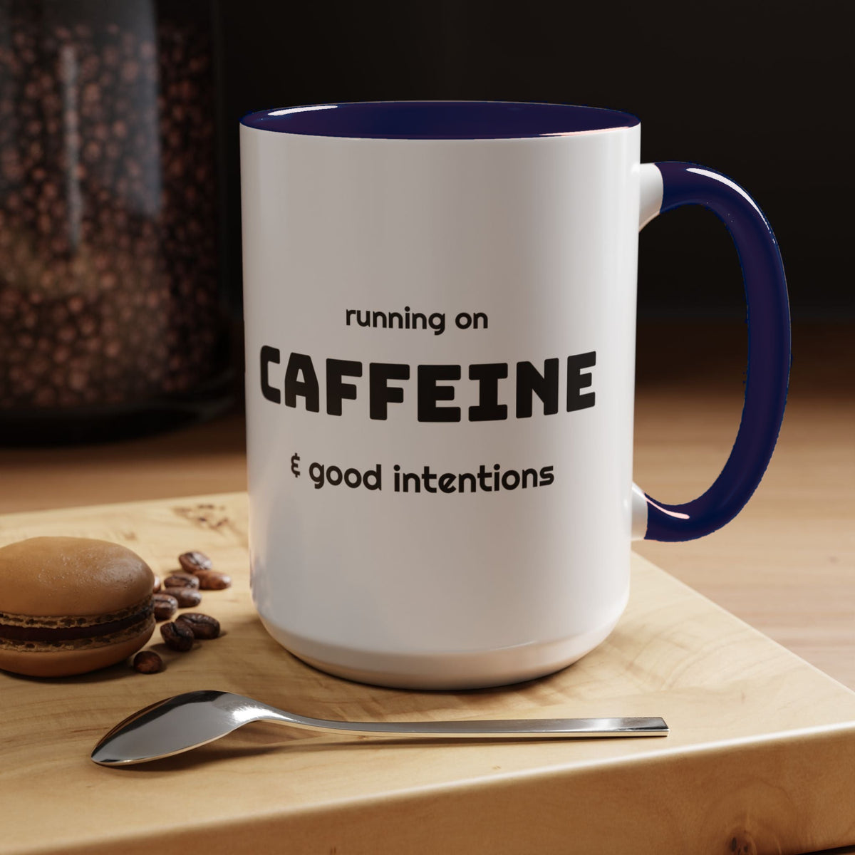 Caffeine and Good Intentions mug, black lettering, navy handle, 15oz