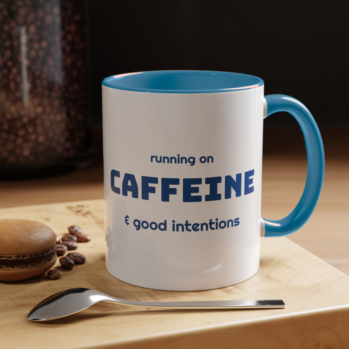 Caffeine and Good Intentions mug, blue lettering, light blue handle, 11oz
