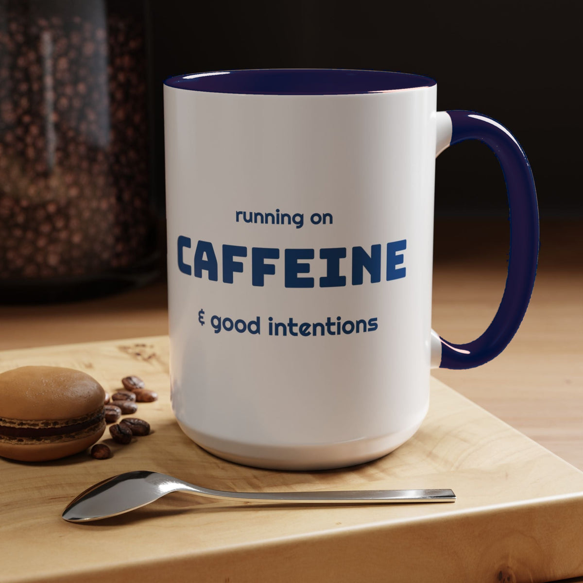 Caffeine and Good Intentions mug, blue lettering, navy handle, 15oz