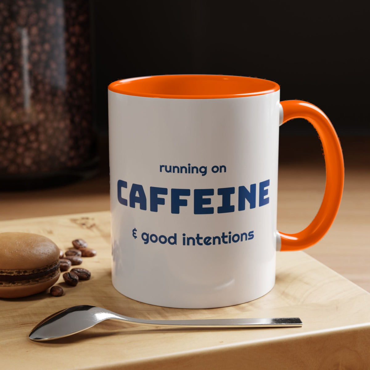 Caffeine and Good Intentions mug, blue lettering, orange handle, 11oz