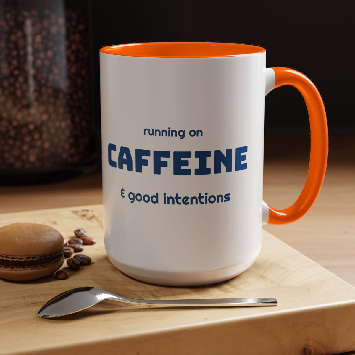 Caffeine and Good Intentions mug, blue lettering, orange handle, 15oz