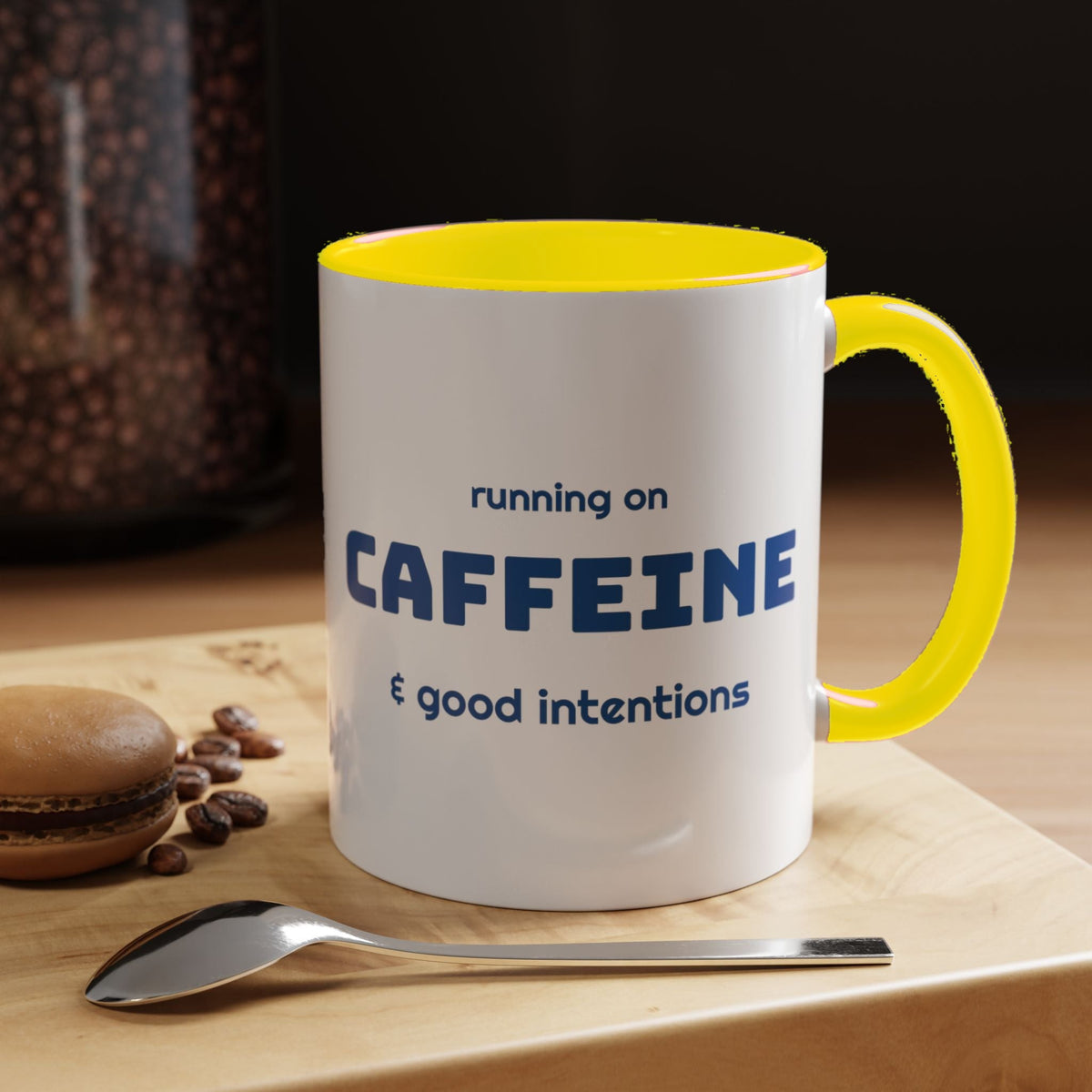 Caffeine and Good Intentions mug, blue lettering, yellow handle, 11oz