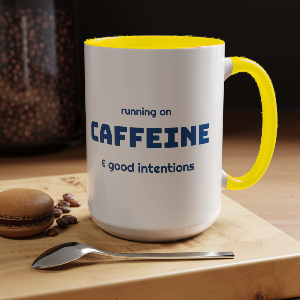 Caffeine and Good Intentions mug, blue lettering, yellow handle, 15oz