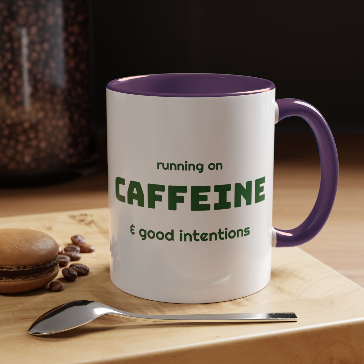 Caffeine and Good Intentions mug, green lettering, purple handle, 11oz