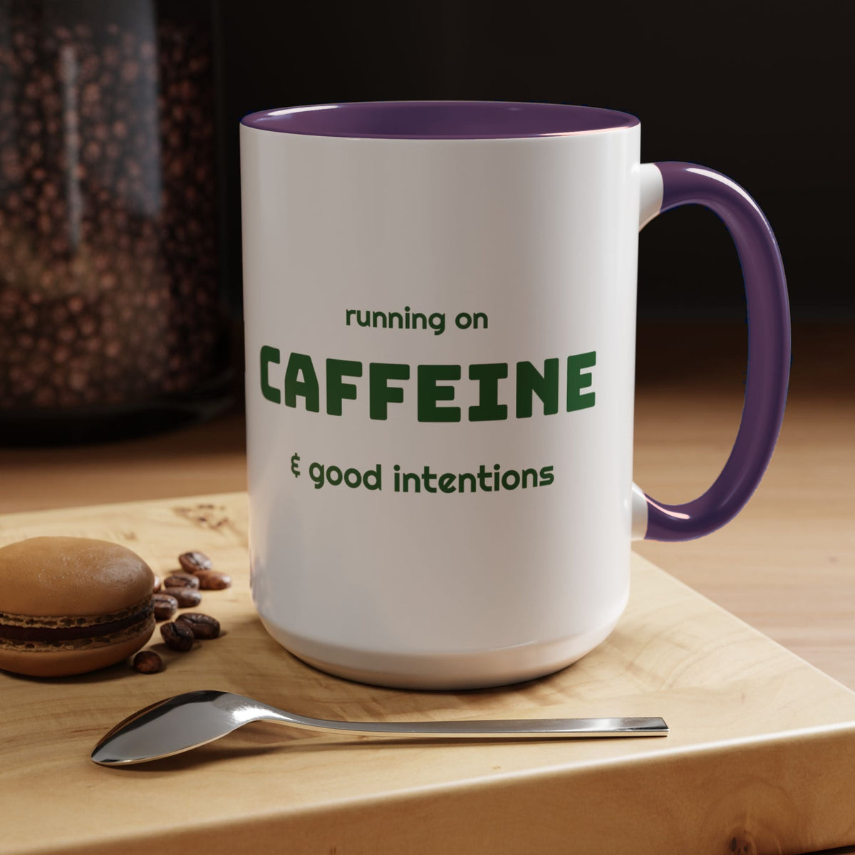 Caffeine and Good Intentions mug, green lettering, purple handle, 15oz