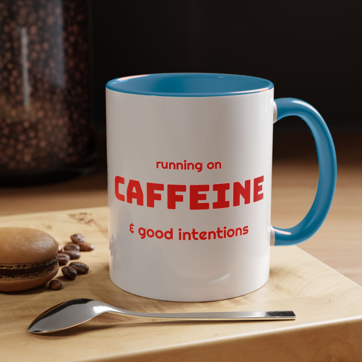 Caffeine and Good Intentions mug, red lettering, light blue handle, 11oz