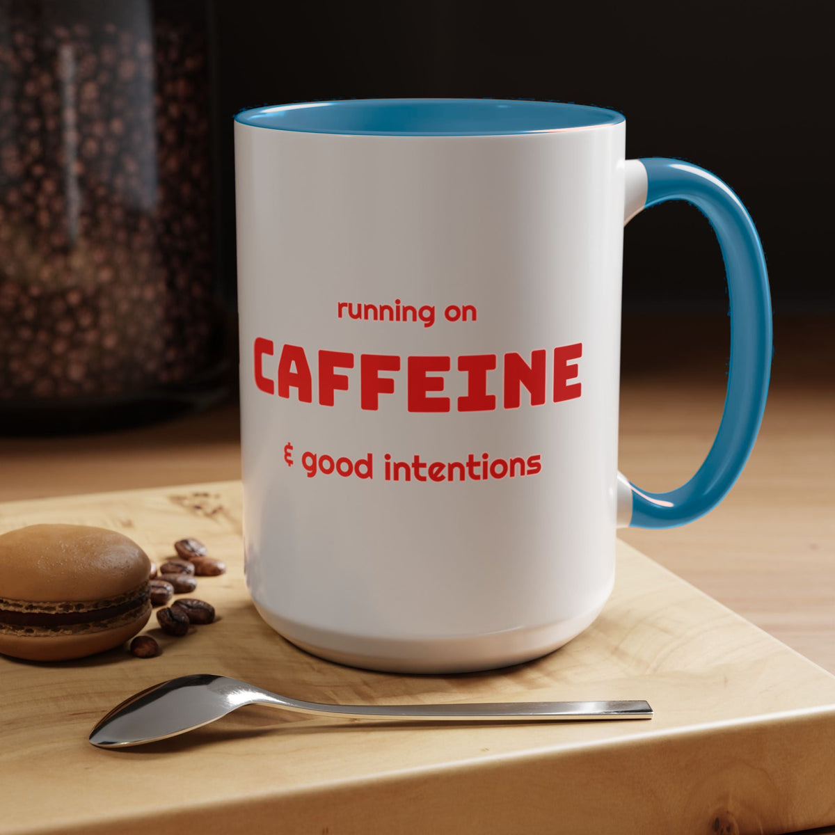 Caffeine and Good Intentions mug, red lettering, light blue handle, 15oz