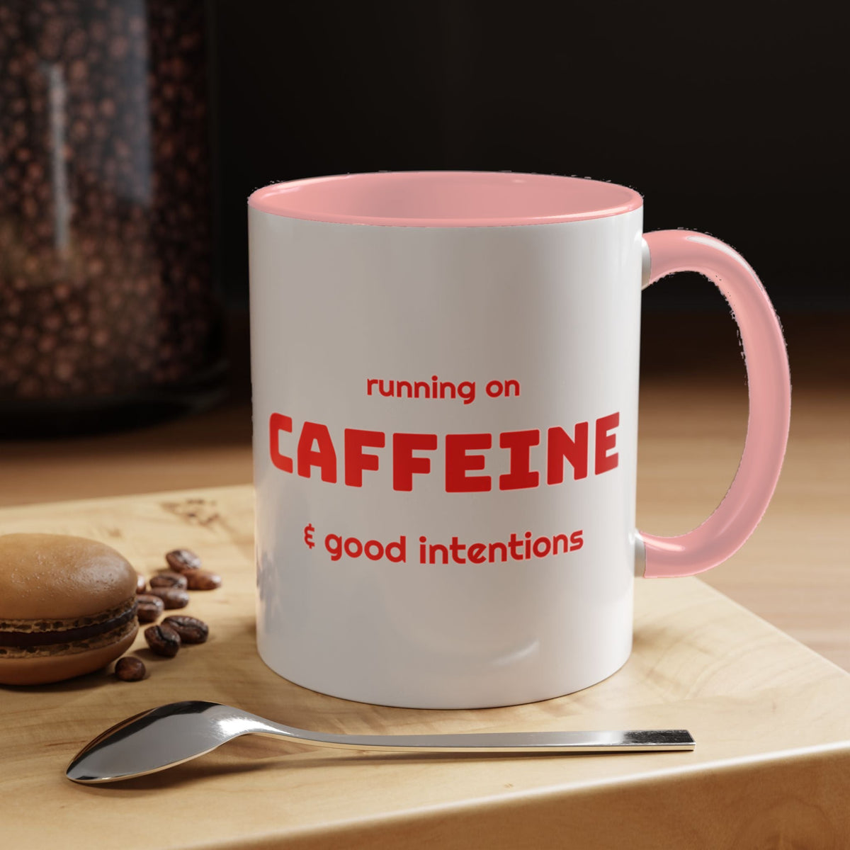 Caffeine and Good Intentions mug, red lettering, pink handle, 11oz