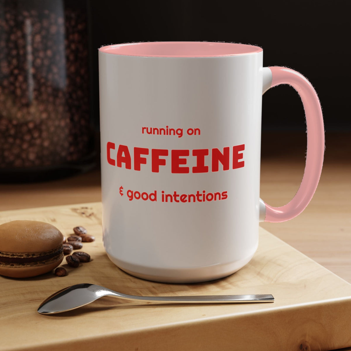 Caffeine and Good Intentions mug, red lettering, pink handle, 15oz