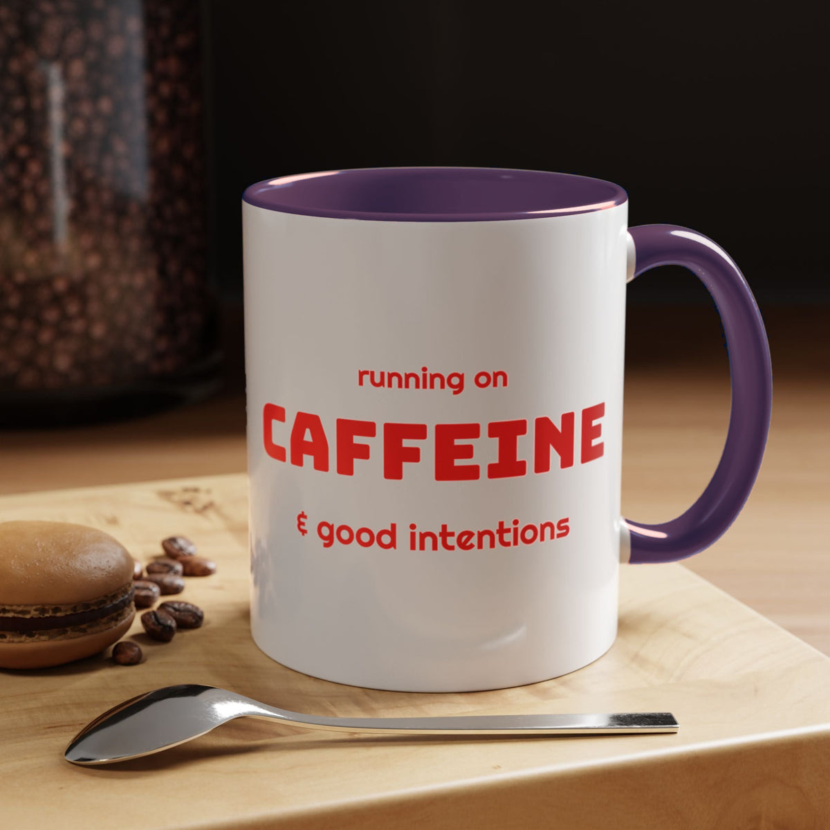 Caffeine and Good Intentions mug, red lettering, purple handle, 11oz