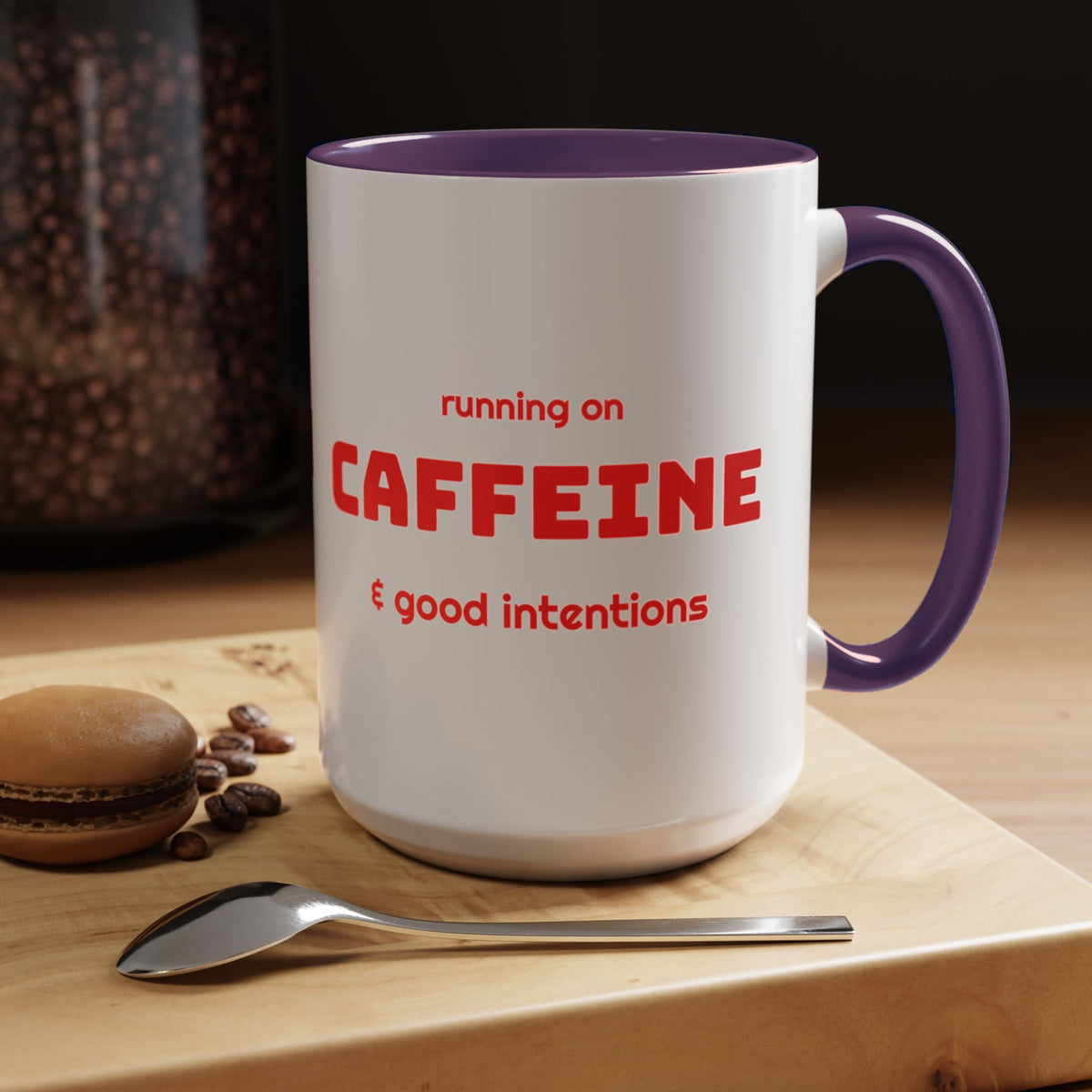 Caffeine and Good Intentions mug, red lettering, purple handle, 15oz