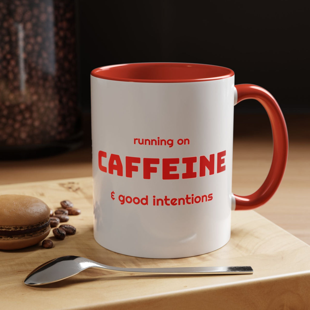 Caffeine and Good Intentions mug, red lettering, red handle, 11oz