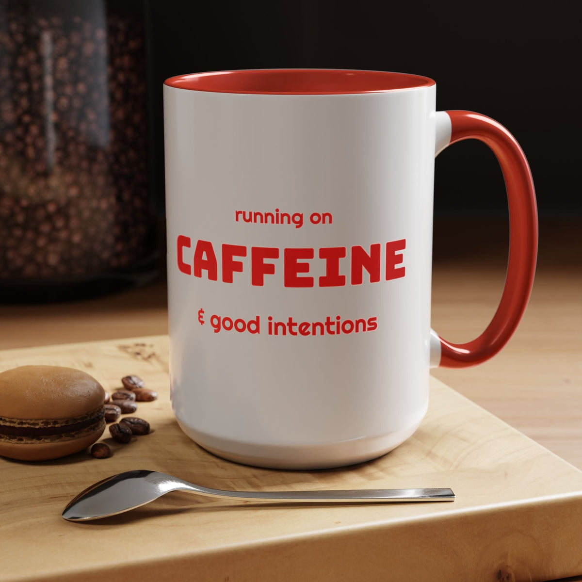 Caffeine and Good Intentions mug, red lettering, red handle, 15oz