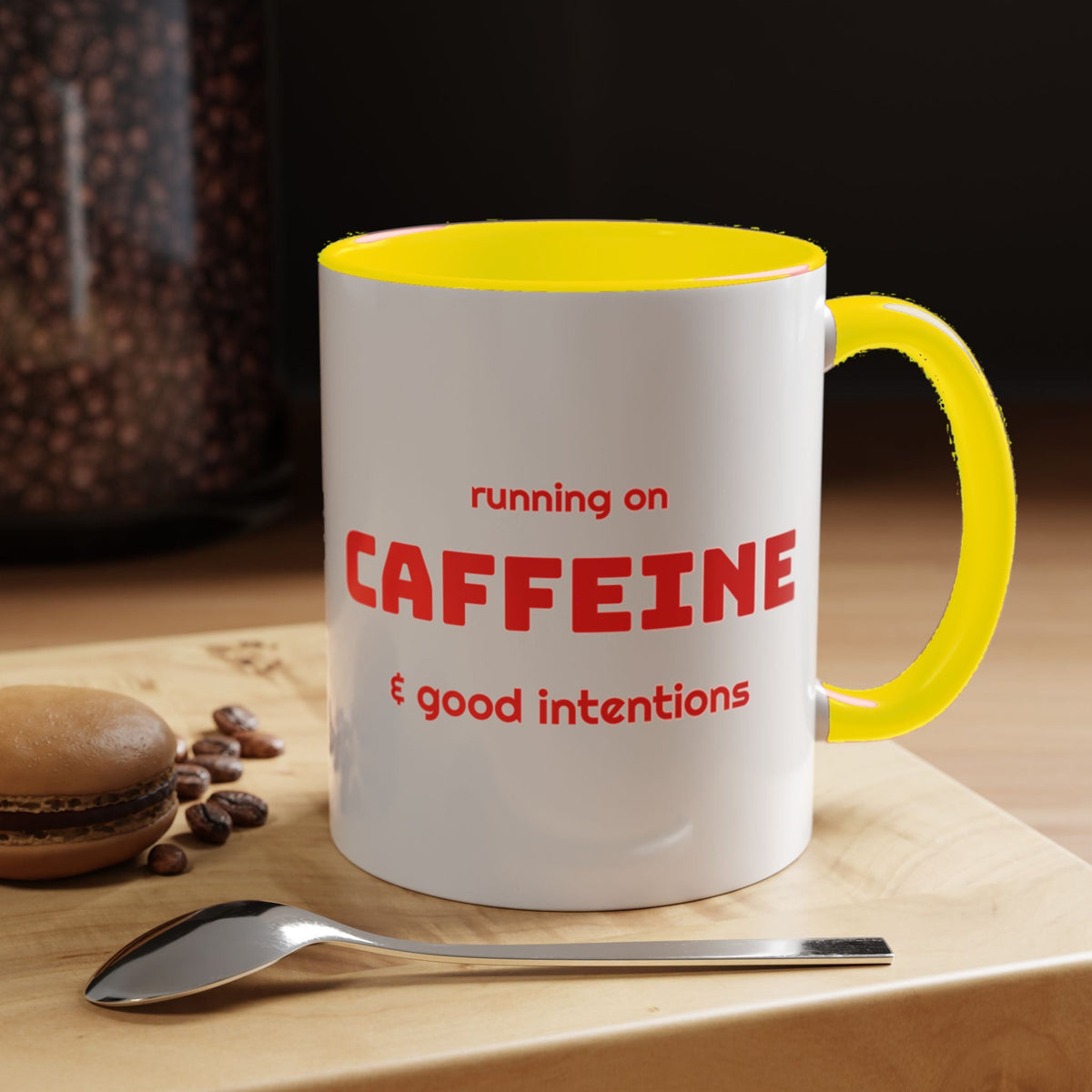 Caffeine and Good Intentions mug, red lettering, yellow handle, 11oz
