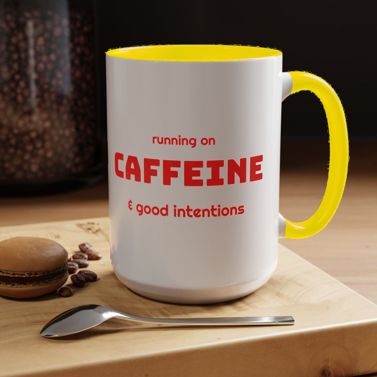 Caffeine and Good Intentions mug, red lettering, yellow handle, 15oz