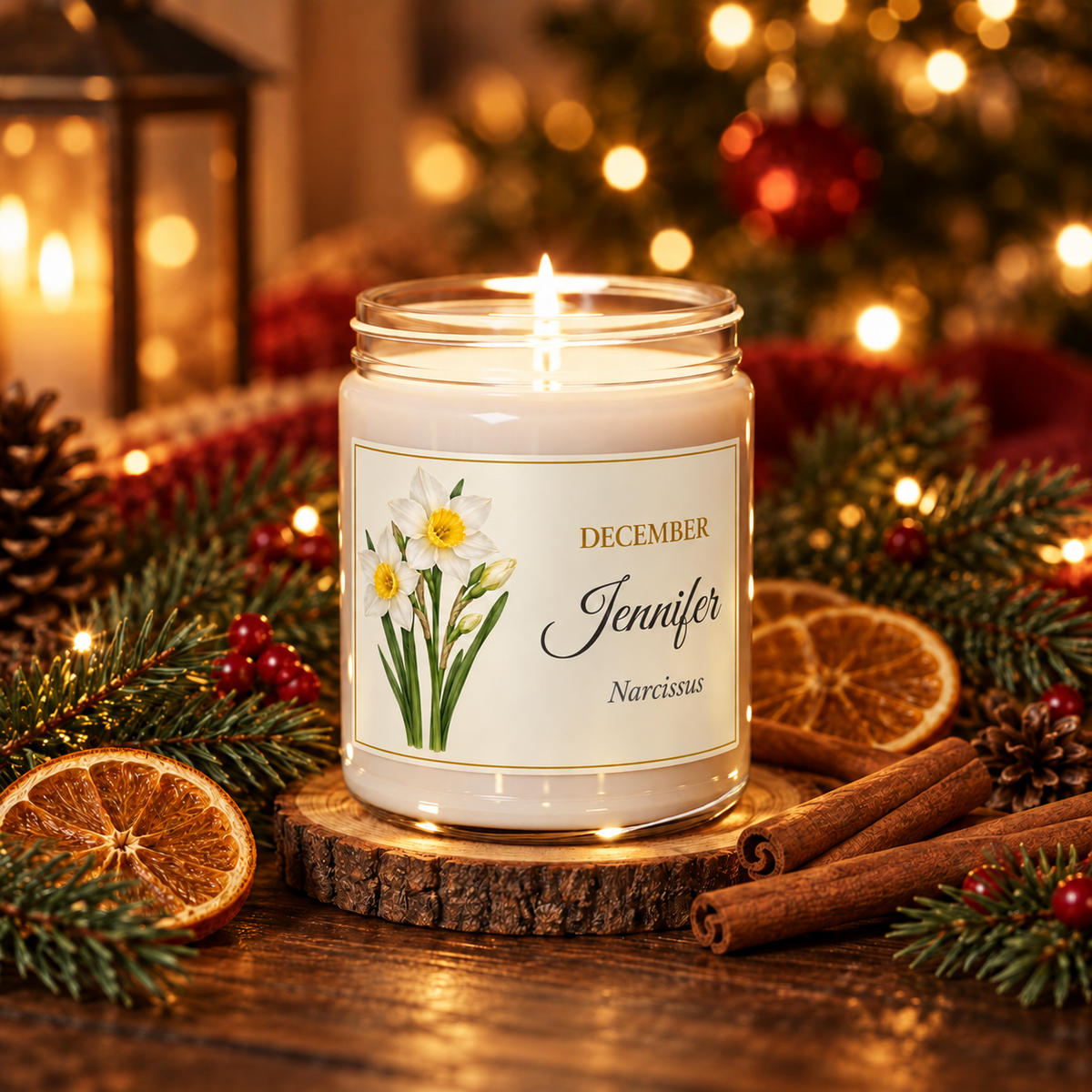 Personalized December birth flower name candle with Narcissus, Christmas Warmth scent