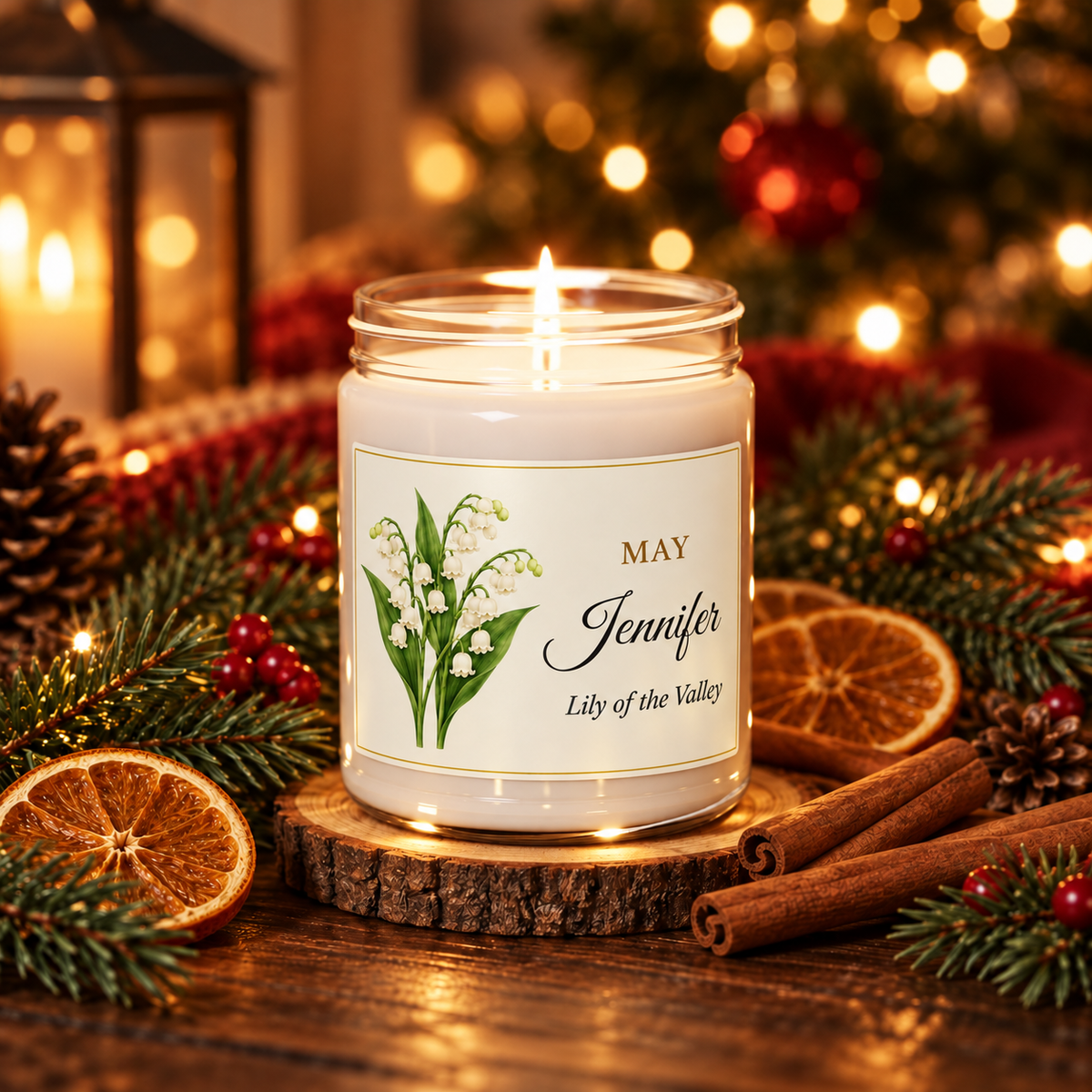 Personalized May birth flower name candle with Lily of the Valley, Christmas Warmth scent