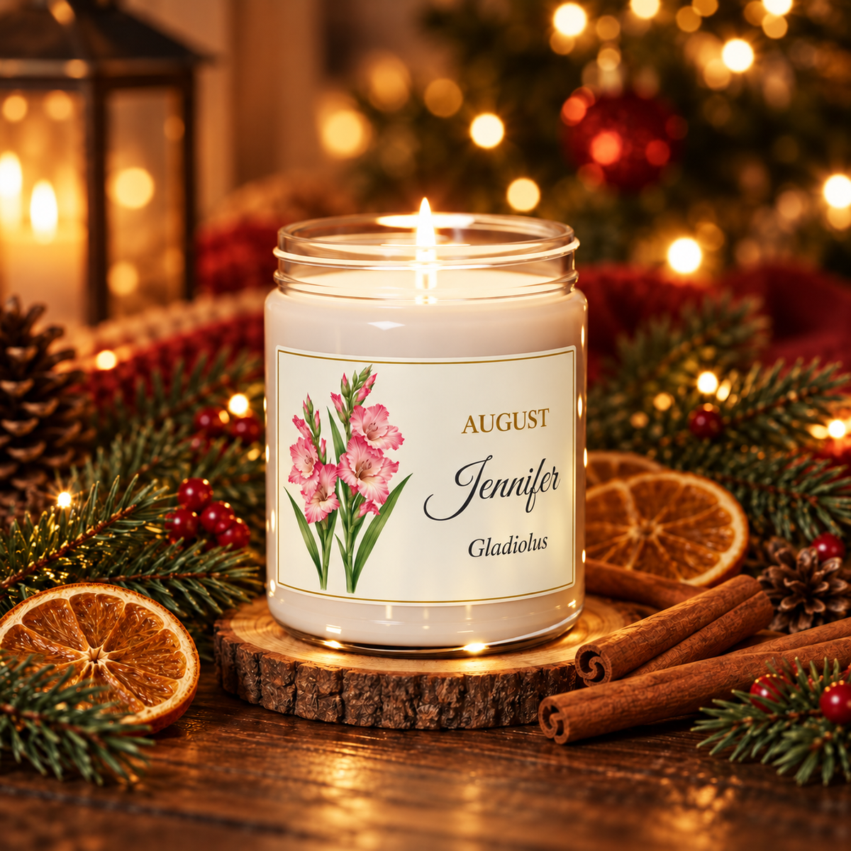 Personalized August birth flower name candle with Gladiolus, Christmas Warmth scent
