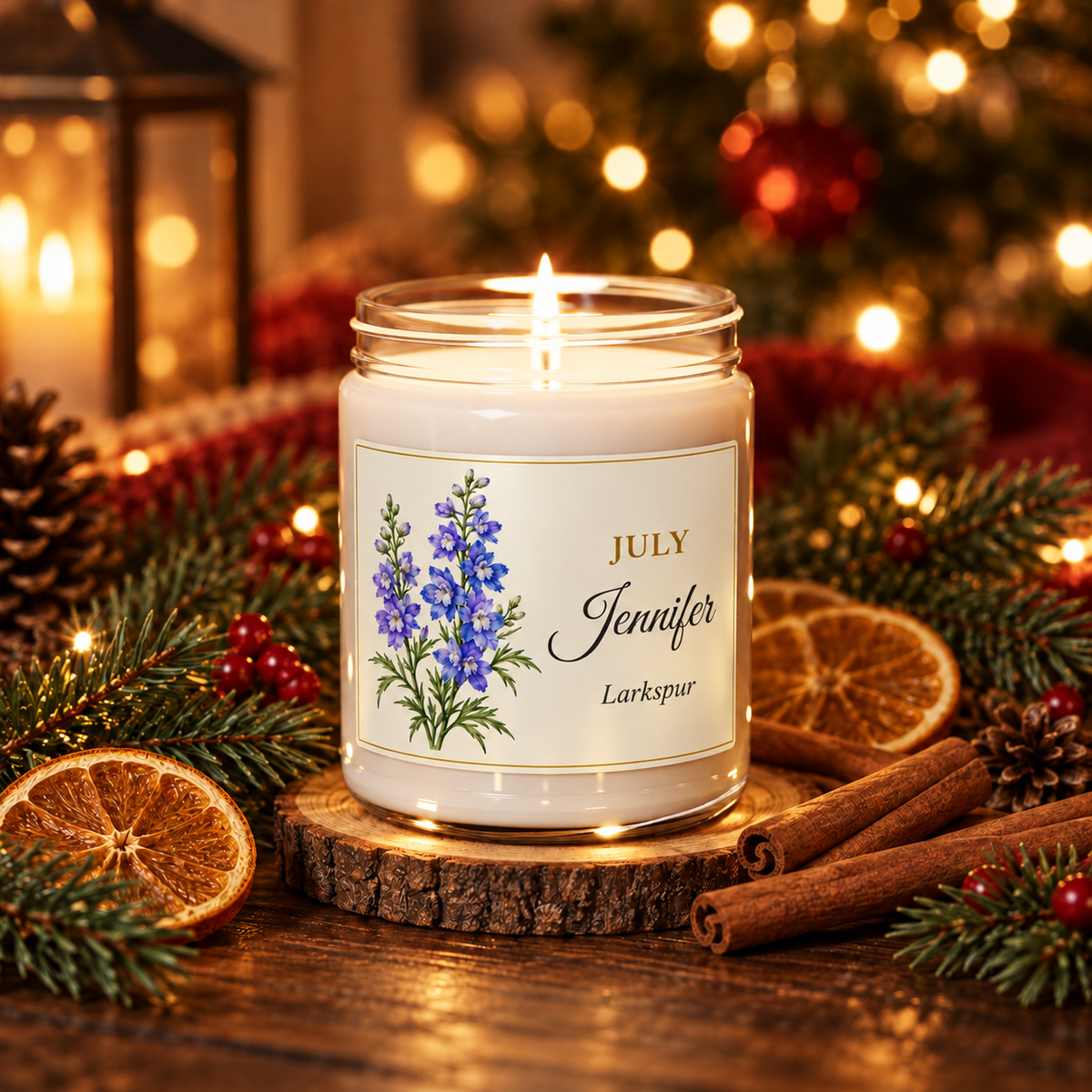 Personalized July birth flower name candle with Larkspur, Christmas Warmth scent
