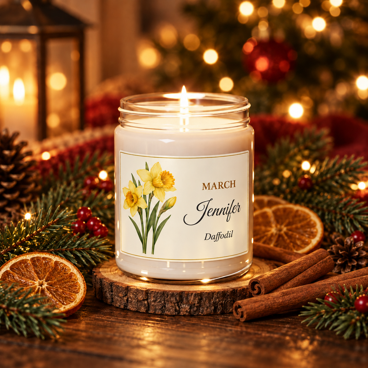 Personalized March birth flower name candle with Daffodil, Christmas Warmth scent