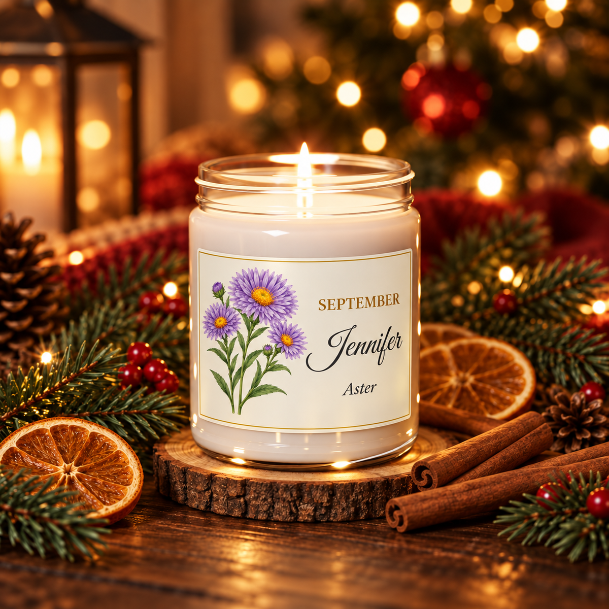 Personalized September birth flower name candle with Aster, Christmas Warmth scent