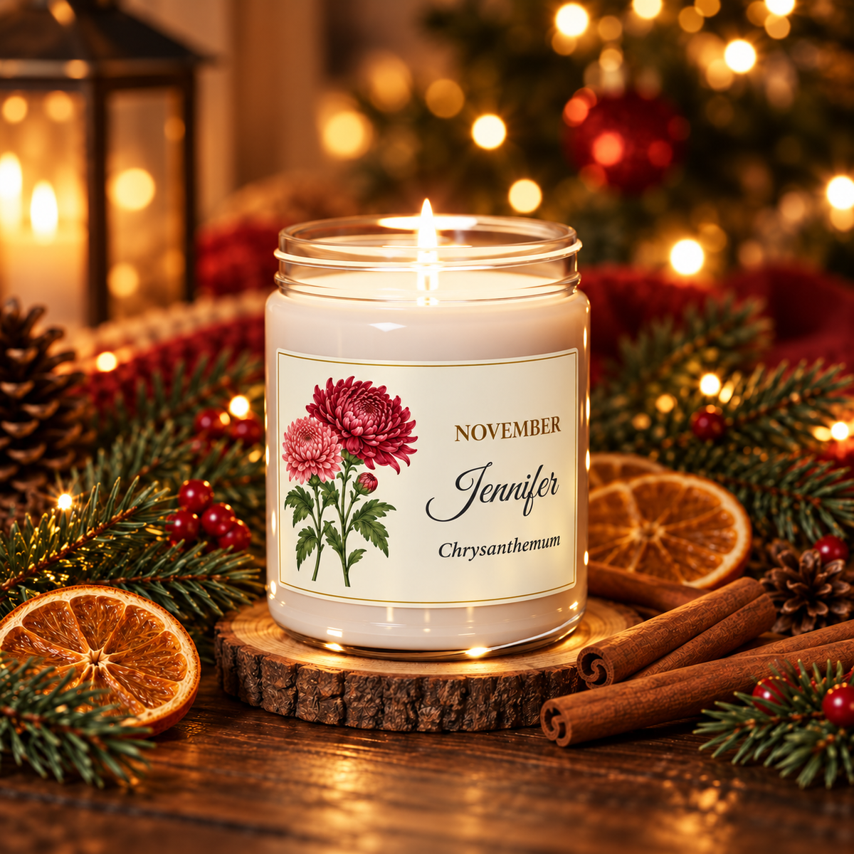 Personalized November birth flower name candle with Chrysanthemum, Christmas Warmth scent