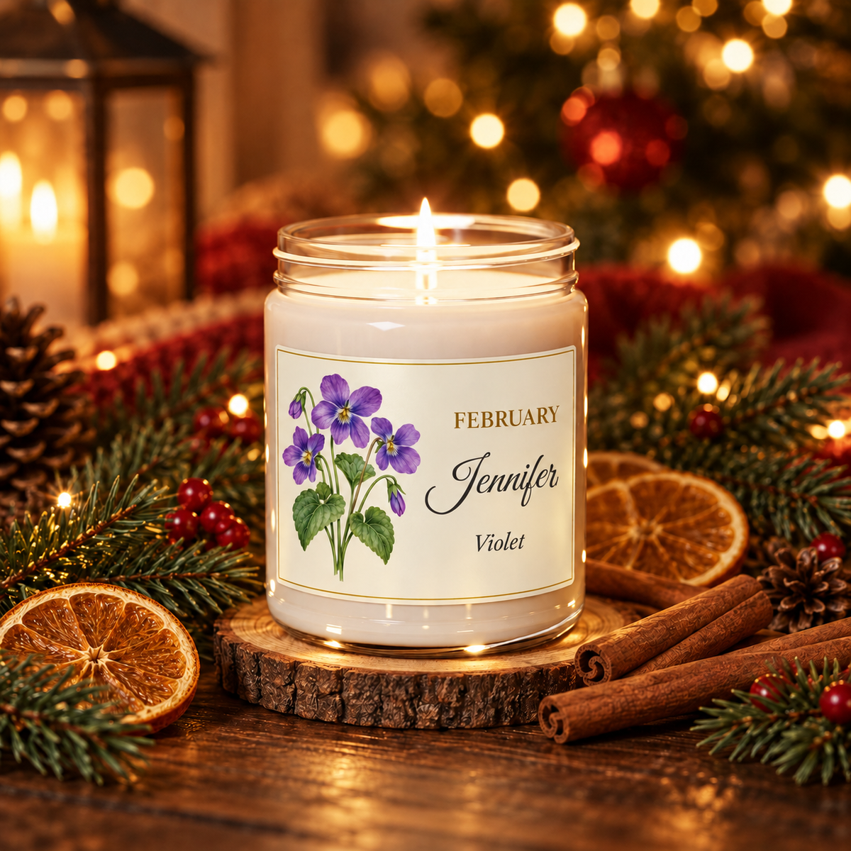 Personalized February birth flower name candle with Violet, Christmas Warmth scent