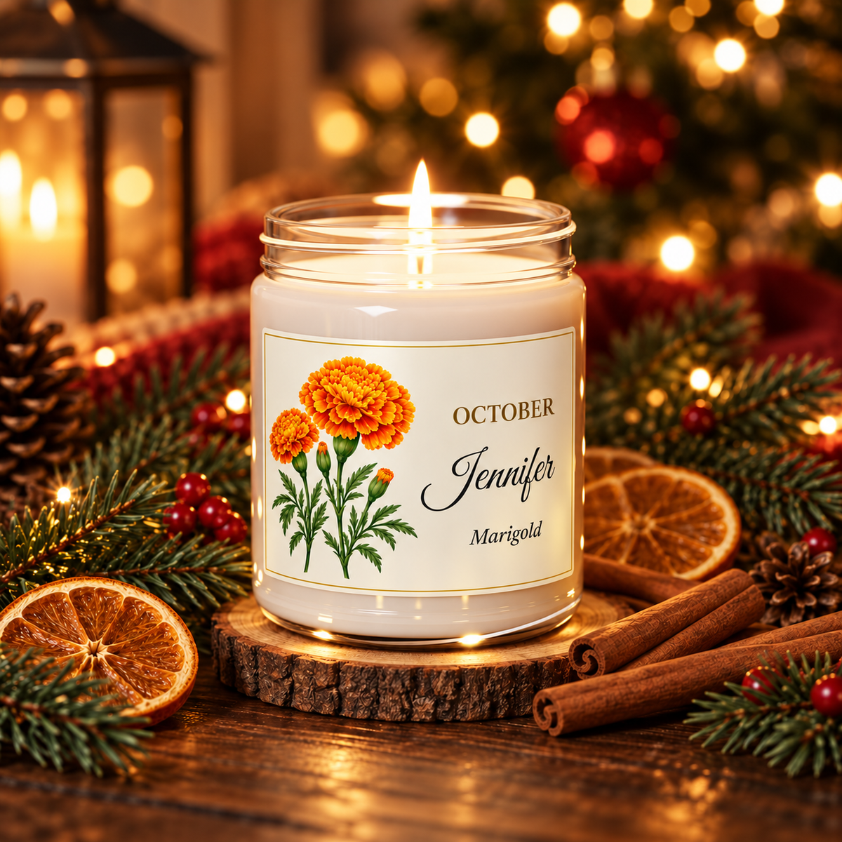 Personalized October birth flower name candle with Marigold, Christmas Warmth scent