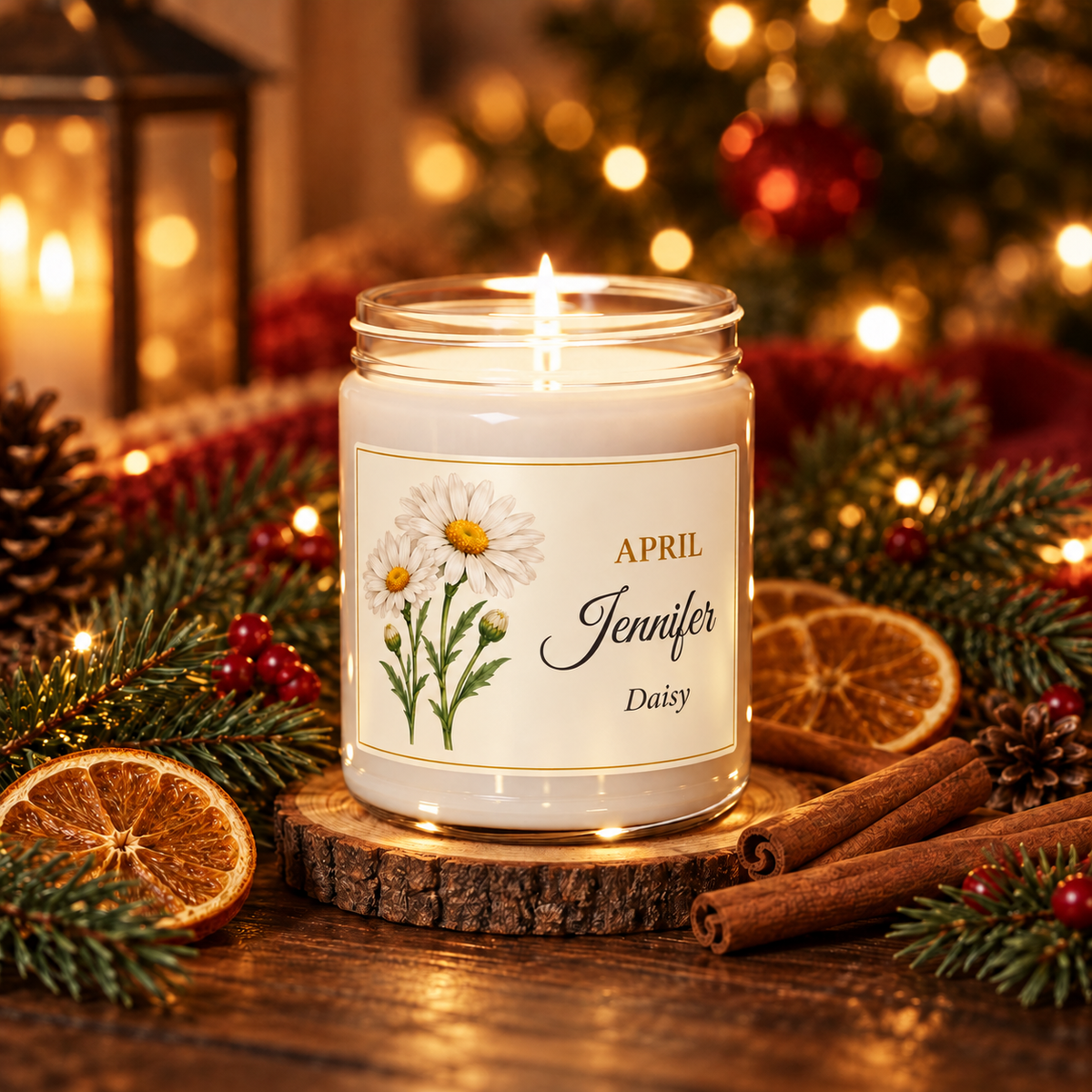 Personalized April birth flower name candle with Daisy, Christmas Warmth scent