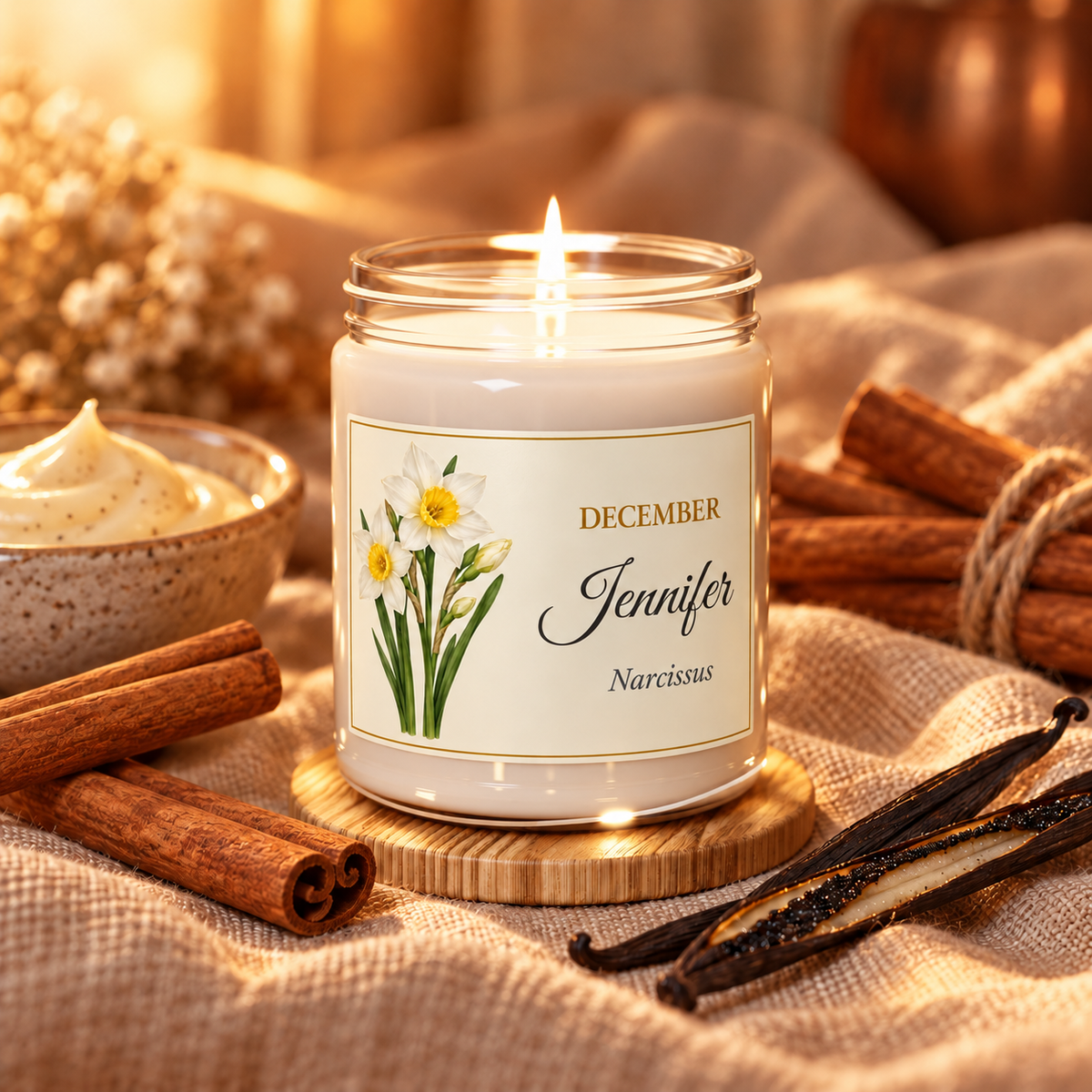 Personalized December birth flower name candle with Narcissus, Cinnamon Vanilla scent