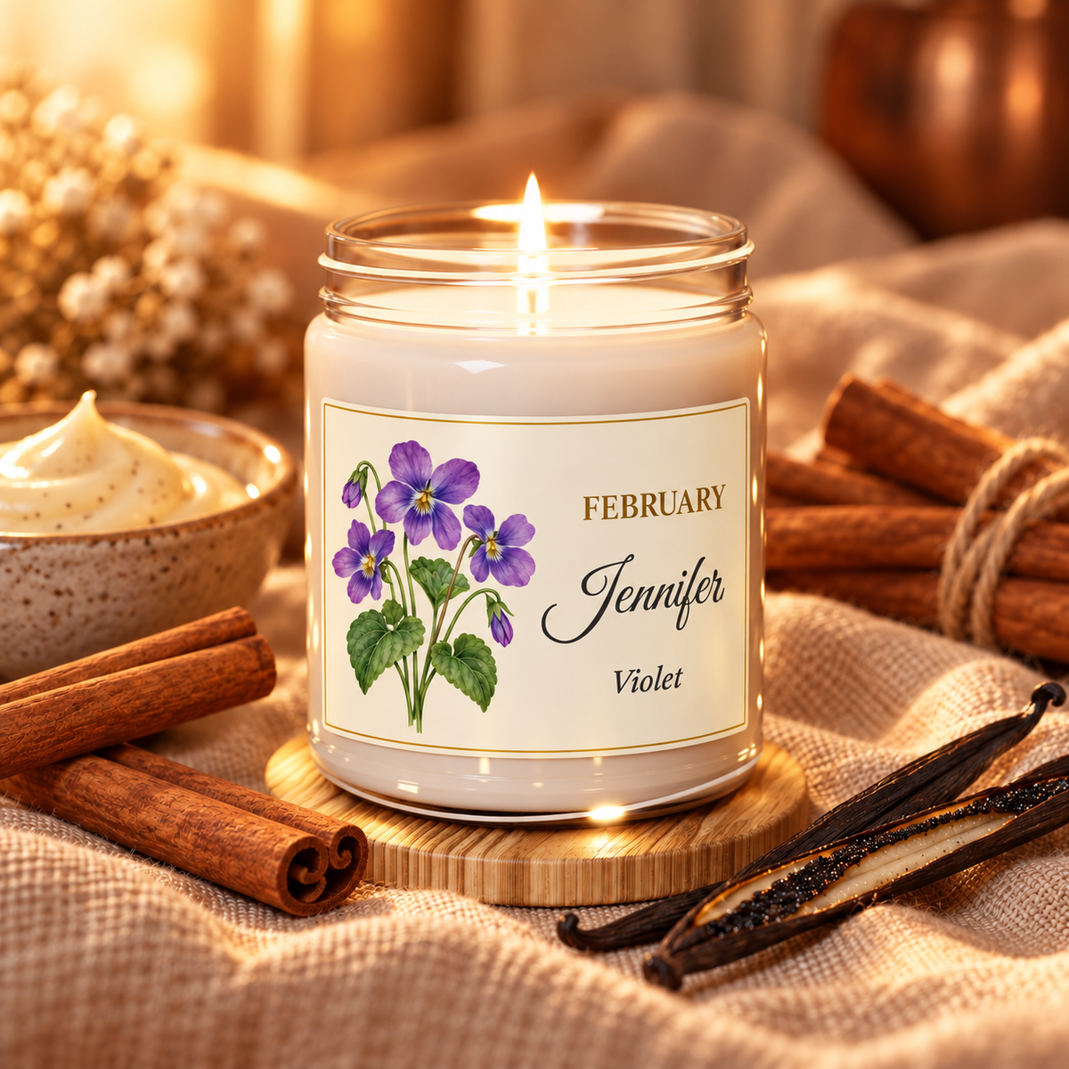 Personalized February birth flower name candle with Violet, Cinnamon Vanilla scent