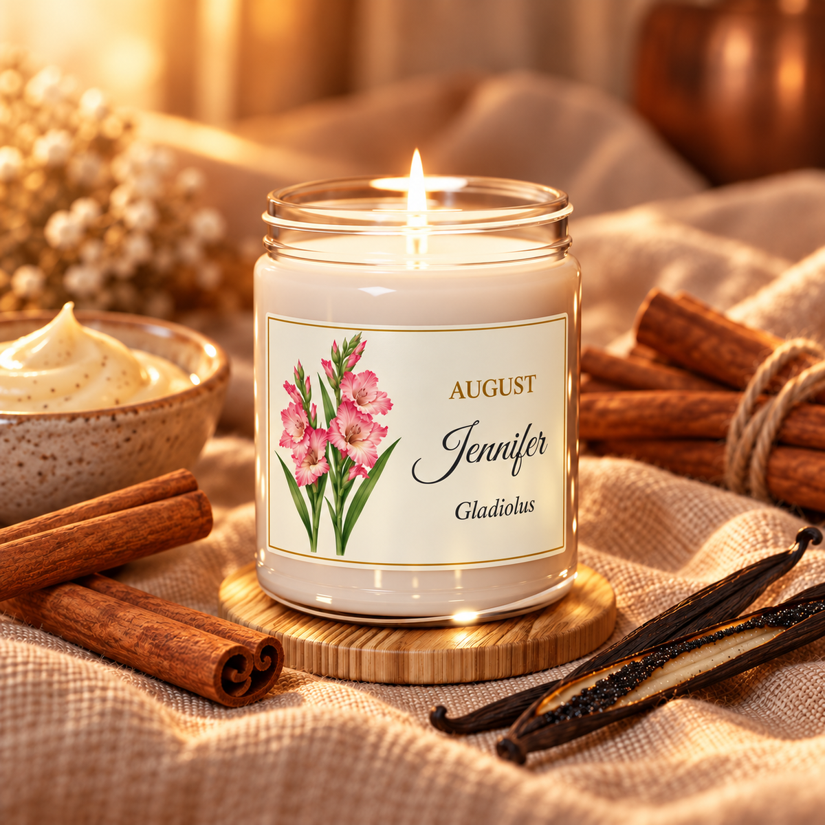 Personalized August birth flower name candle with Gladiolus, Cinnamon Vanilla scent