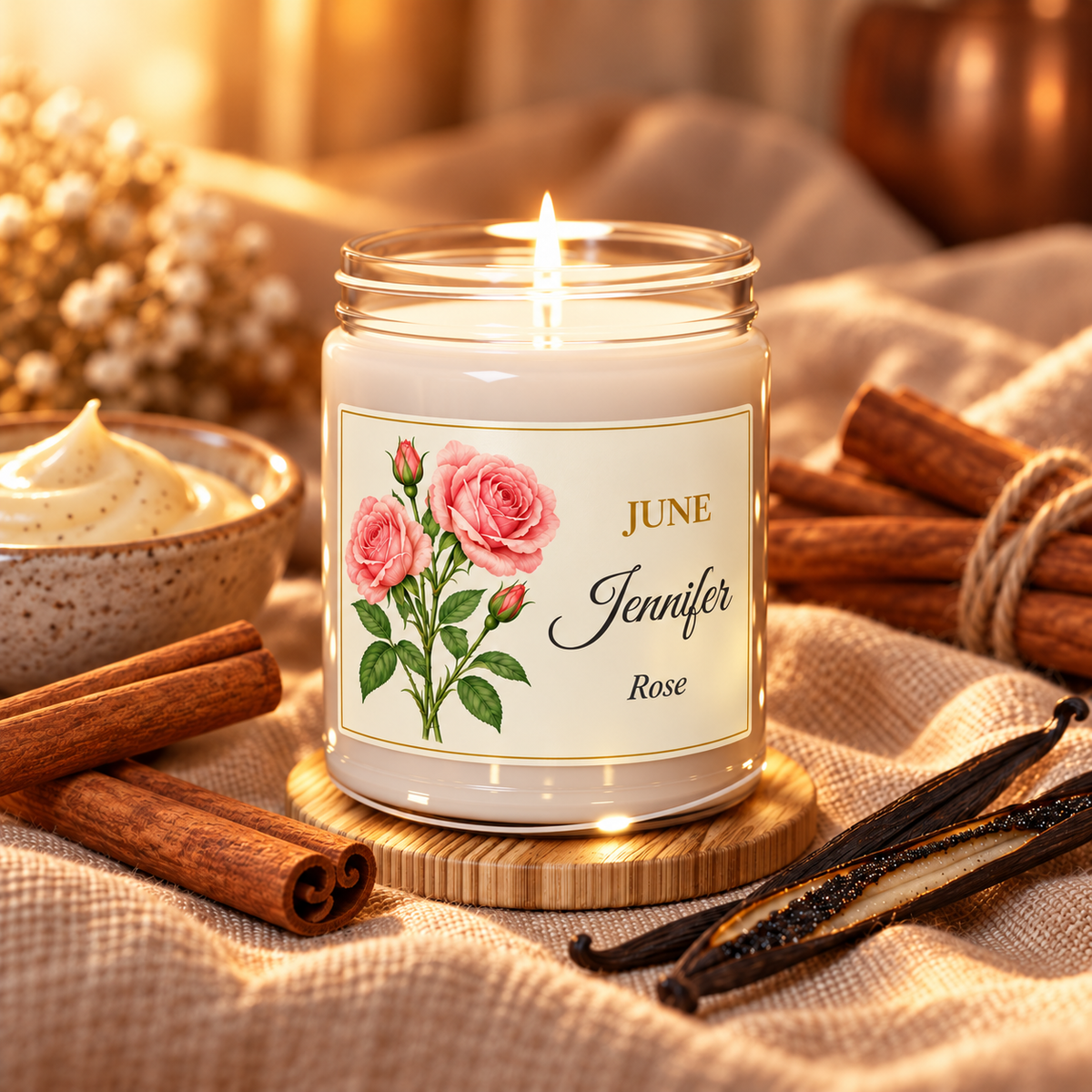 Personalized June birth flower name candle with Rose, Cinnamon Vanilla scent