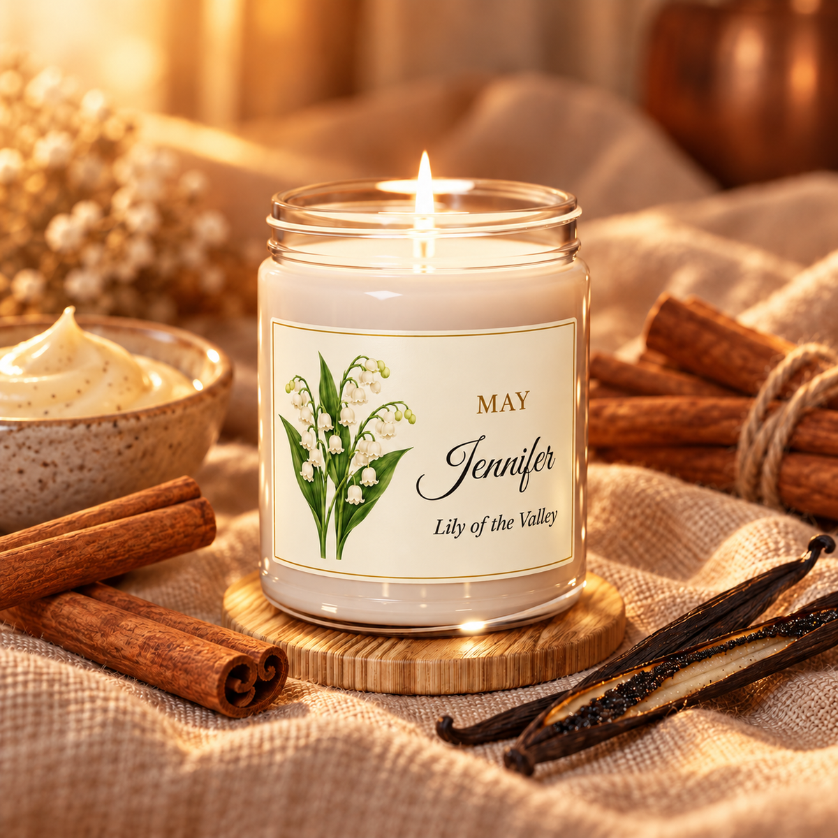 Personalized May birth flower name candle with Lily of the Valley, Cinnamon Vanilla scent